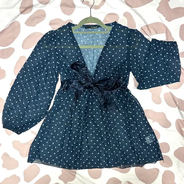 [BUNJANG] Polka Dot Velvet Ribbon See-Through Mini Dress / 러블리 네이비 땡땡이 벨벳 리본 시스루 미니 원피스