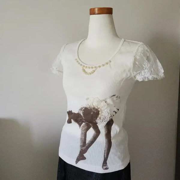 [BUNJANG] Moschino Ballerina Print Lace Short Sleeve T-Shirt / 레이스 반팔 티셔츠 발레리나 프린팅 85 (미사용)