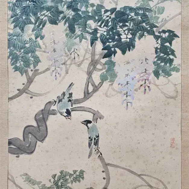 [BUNJANG] Kim Myung-jae 'Wisteria Sparrows' Painting (Size 30) / 청당 김명재 30호