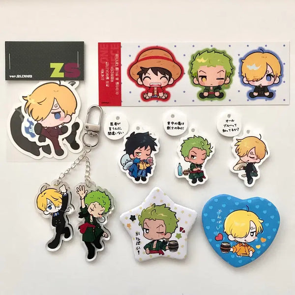 [BUNJANG] One Piece Zoro & Sanji "Ocean Expo" Sticker, Pin Button, and Keyring Bundle / 담요님 원피스 조로 상디 스티커 핀버튼 키링 비공굿 조로산 해양박람회