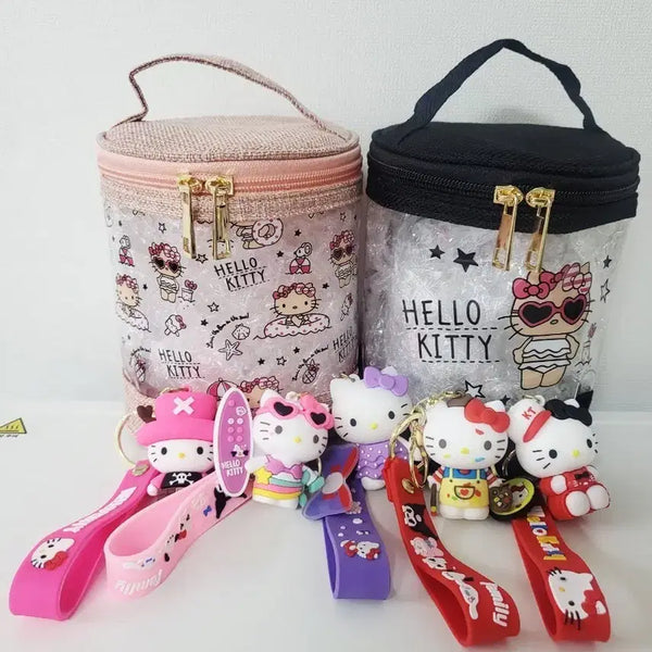 [BUNJANG] Hello Kitty Tanning Kitty Cylinder Vanity Makeup Pouch - Pink / 헬로키티 태닝키티 원통 베니티 핑크 메이크업 파우치