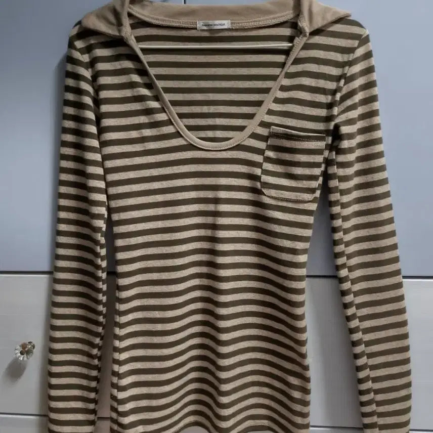 [BUNJANG] Striped Pocket Collar Long Sleeve Brown T-Shirt / 스트라이프 포켓 카라 롱슬리브 브라운 긴팔티