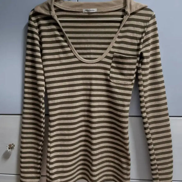 [BUNJANG] Striped Pocket Collar Long Sleeve Brown T-Shirt / 스트라이프 포켓 카라 롱슬리브 브라운 긴팔티