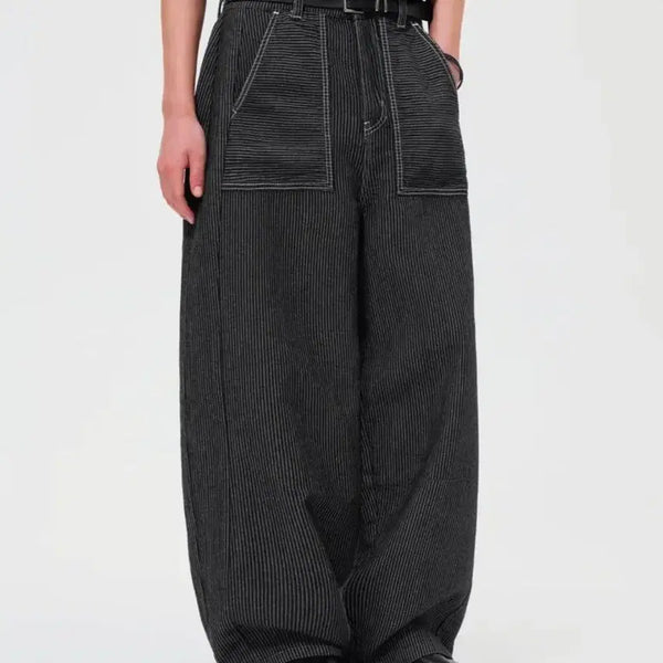 [BUNJANG] Striped Wide Balloon Pants Black / (새상품)스트라이프 와이드 벌룬 바지 블랙