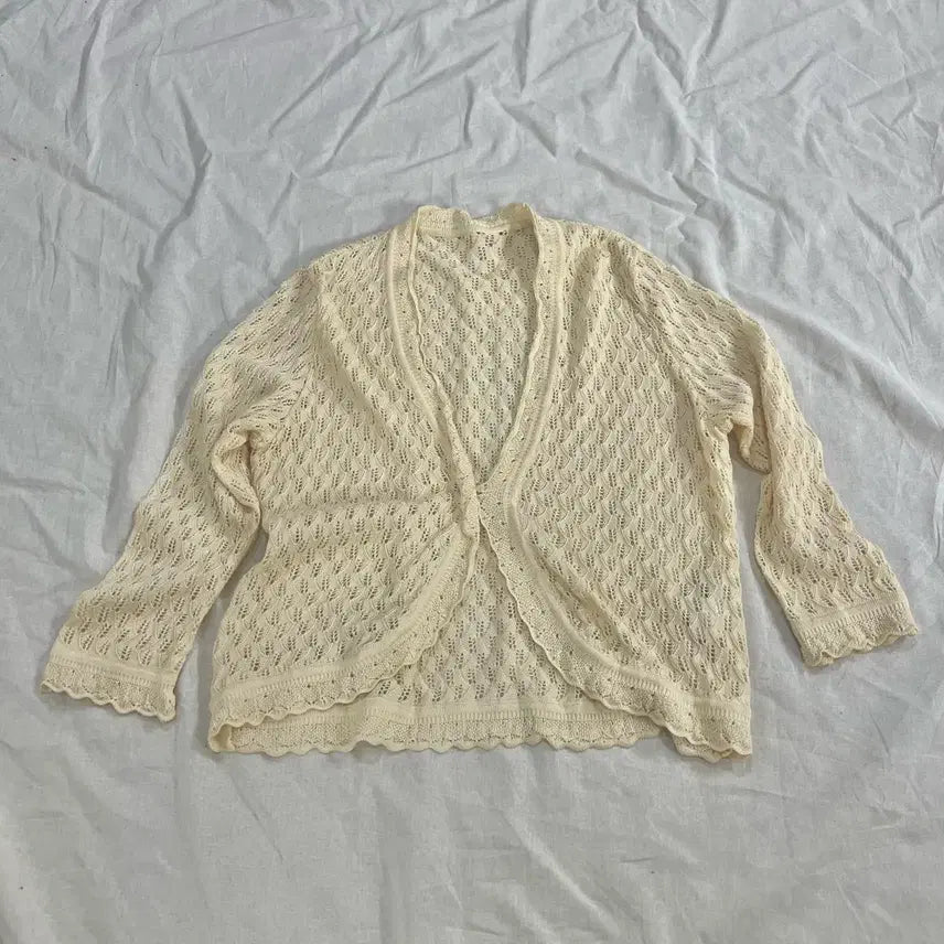 [BUNJANG] One-Button Bolero Cardigan / 모리걸 베이지 아이보리 펀칭 니트 원버튼 볼레로 가디건