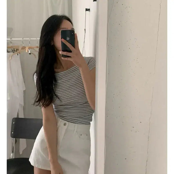 [BUNJANG] Striped Short Sleeve T-Shirt (Gray/Black) / 반팔 스트라이프 티셔츠 그레이, 블랙