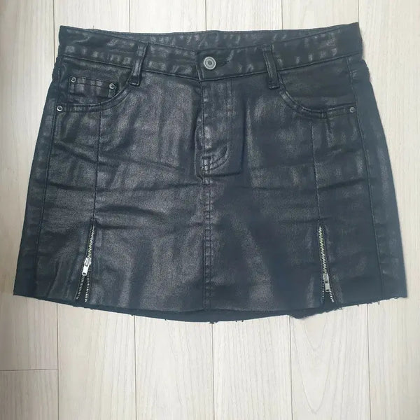 [BUNJANG] Black Leather Zipper Mini Skirt / 블랙 레더 지퍼미니스커트