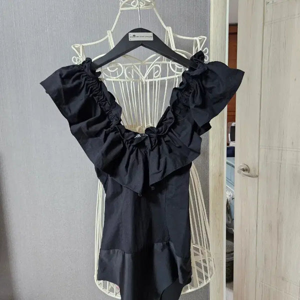 [BUNJANG] Zara Black Frill Shirring Bodysuit Size S / 자라 블랙 프릴 셔링 바디수트