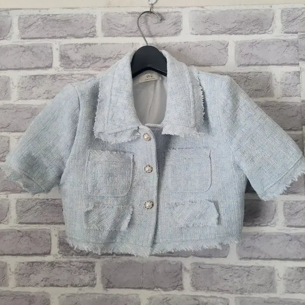 [BUNJANG] Blue Tweed Short Sleeve Cropped Jacket / 블루 트위드 반팔 크롭 자켓/알뜰한여우