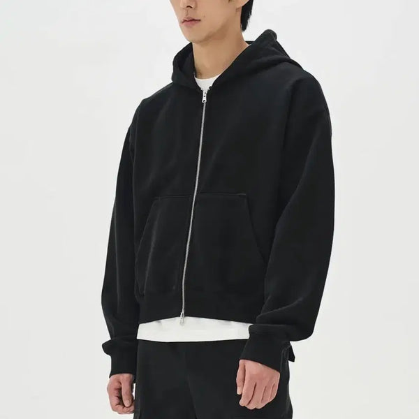 [BUNJANG] Soverment 780G Solid Crop Hoodie Zip-up Deep Black L / 소버먼트 780G 솔리드 크롭 후디 집업 딥 블랙 L