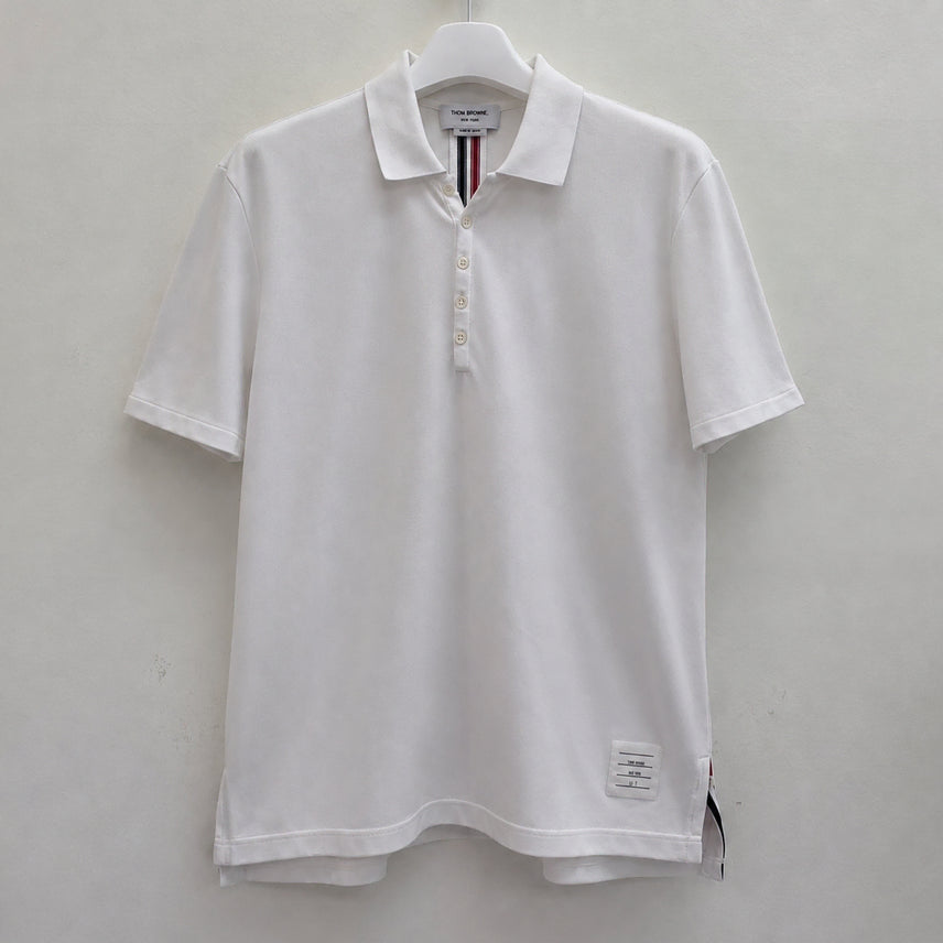 [BUNJANG] Thom Browne Men's White Short Sleeve Polo Shirt Relaxed Fit Size 5 (105-110) / [ 중고O ] 톰브라운 반팔 카라티 화이트 남성 백삼선 MJP042A ( 정품감정 O )