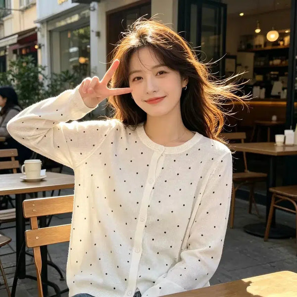 [BUNJANG] White Dot Cooling Knit Cardigan / 흰색 도트  시원한 가디건   자외선차단 냉감니트
