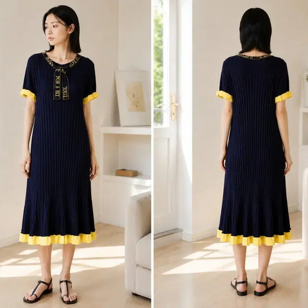 [BUNJANG] G-cut Lettering Strap Color-Blocked Knit Dress Navy Yellow / [지컷/G-cut] 레터링 스트랩 배색 니트 원피스네이비옐로우배색