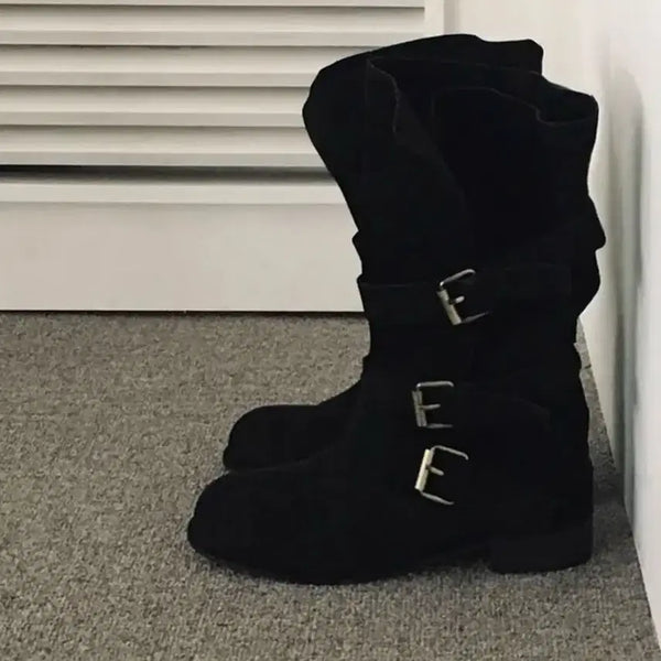 [BUNJANG] Baydely Suede Buckle Two-Way Folding Middle Boots / 베이델리 투웨이 스웨이드 버클 폴딩 미들 부츠