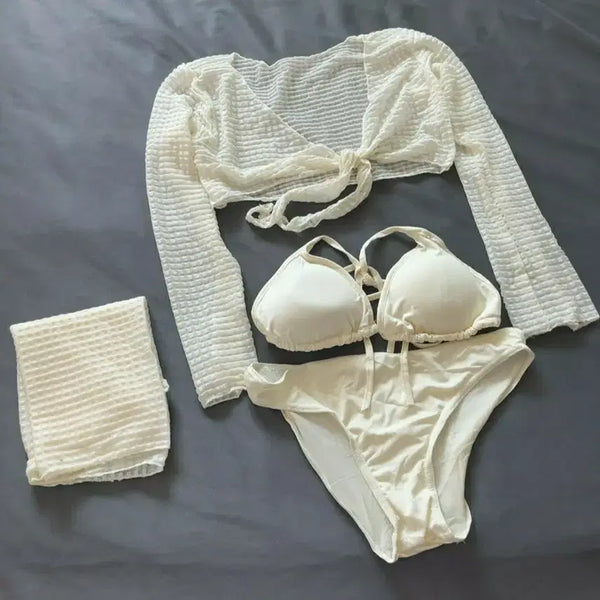 [BUNJANG] Ivory Bikini 4-Piece Set with Cardigan and Cover-up / 아이보리 비키니 4피스 세트