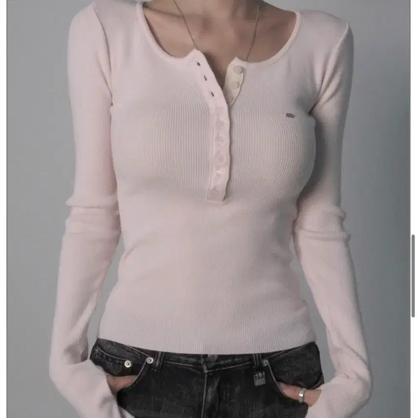 [BUNJANG] Pale Jade Henley-Neck Warmer Knit T Baby Pink / 페일제이드 Henley-Neck Warmer Knit T 헨리넥 니트티