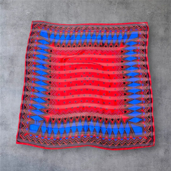 [BUNJANG] Yves Saint Laurent Geometric Pattern Silk Scarf / 입생로랑 블루 레드 지오메트릭 실크 스카프