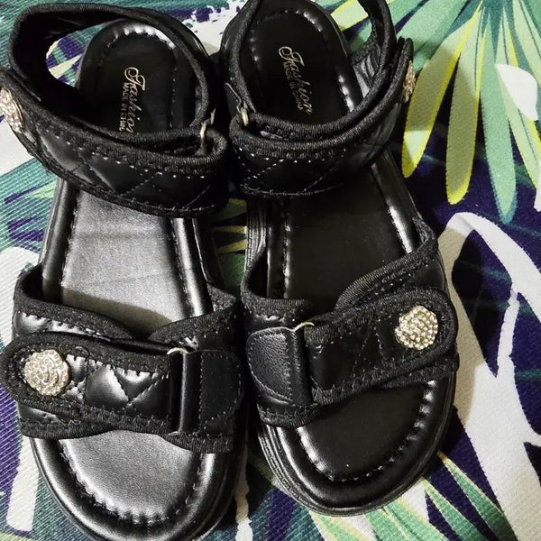[BUNJANG] Quilted Velcro Sandals Black (240-245) / 퀼팅 벨크로 샌들 블랙 240~245