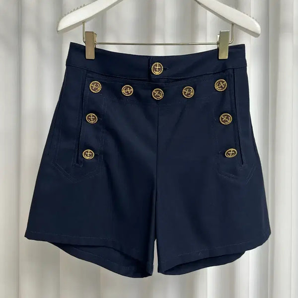 [BUNJANG] Luxury Brand Inspired High-Waist Short Pants Navy / (새상품_수입의류) LV금장버튼 하이웨스트 숏팬츠 S / 네이비