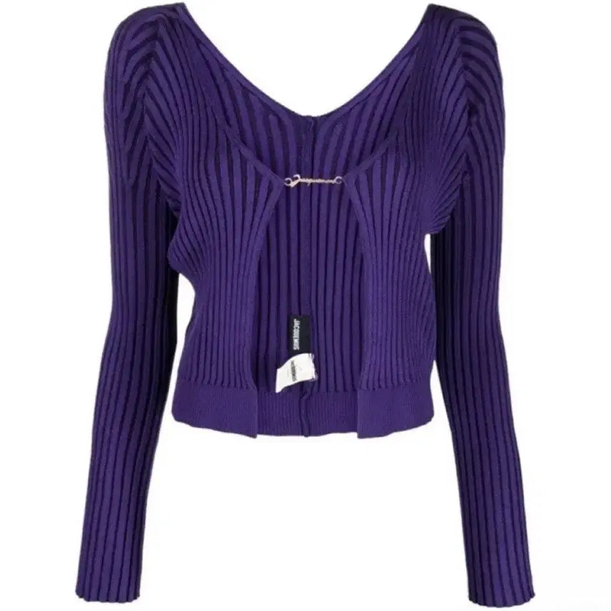 [BUNJANG] JACQUEMUS Jacquemus Pralu Micro Gold Logo Charm Ribbed Cardigan Purple / JACQUEMUS 자크뮈스 프랄루 마이크로 골드로고 참 골지 가디건 제니