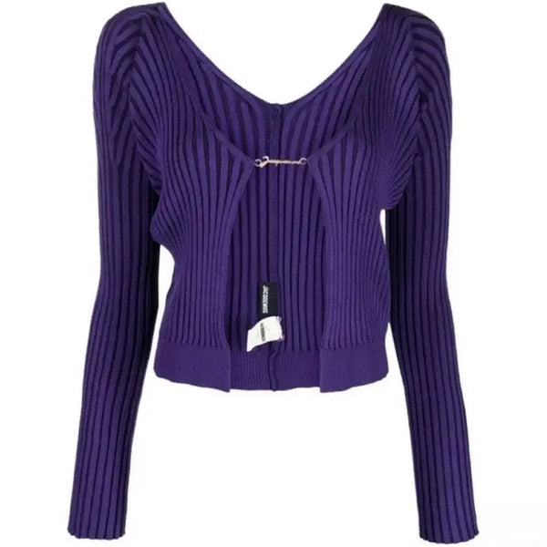 [BUNJANG] JACQUEMUS Jacquemus Pralu Micro Gold Logo Charm Ribbed Cardigan Purple / JACQUEMUS 자크뮈스 프랄루 마이크로 골드로고 참 골지 가디건 제니