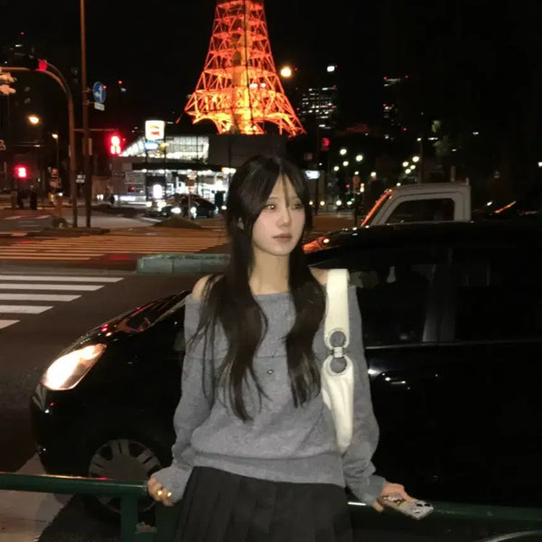 [BUNJANG] Our Cabinet Off-Shoulder Knit - Grey / 아워캐비넷 오프숄더