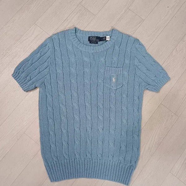 [BUNJANG] Polo Ralph Lauren Women's Cable Knit Short Sleeve Sweater M Sky Blue / 폴로 랄프로렌 우먼 케이블 반팔 니트 M사이즈 하늘색