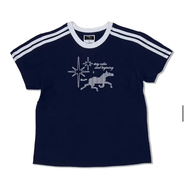 [BUNJANG] Notusual Dot Horse Semi Ringer Crop Short Sleeve T-Shirt Navy S / 낫유즈얼 도트홀시 세미 링거 크롭 반팔티 네이비 S