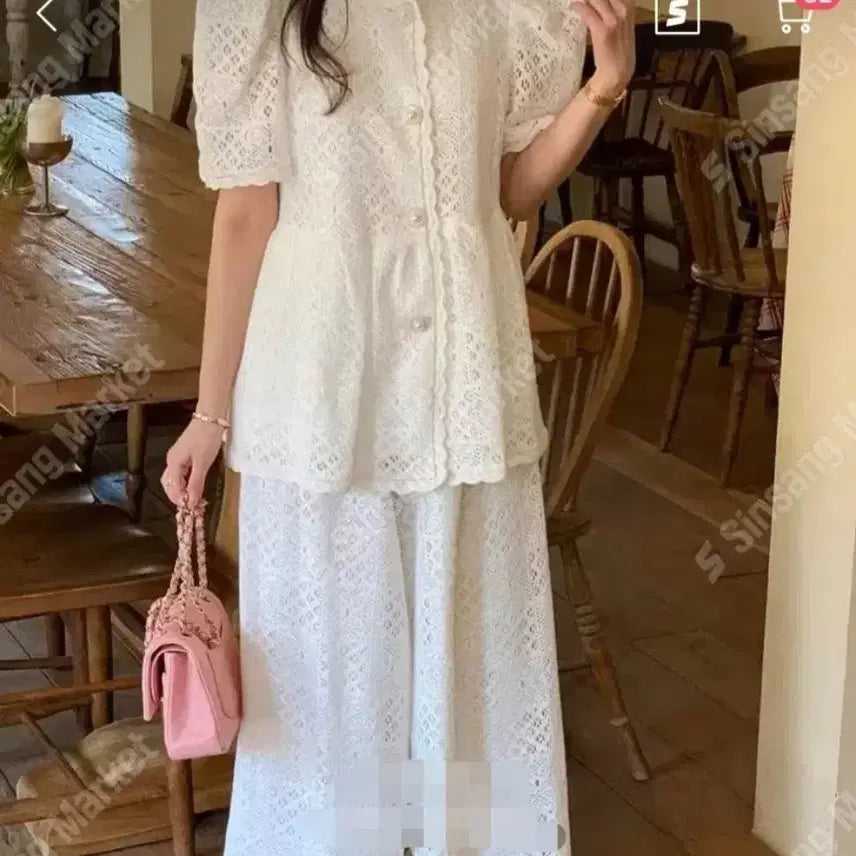 [BUNJANG] Byciny Punch Lace Puff Short Sleeve Jacket and Long Pants Set / 바이씨니 펀칭 레이스 퍼프 반팔 자켓 롱 팬츠 셋업