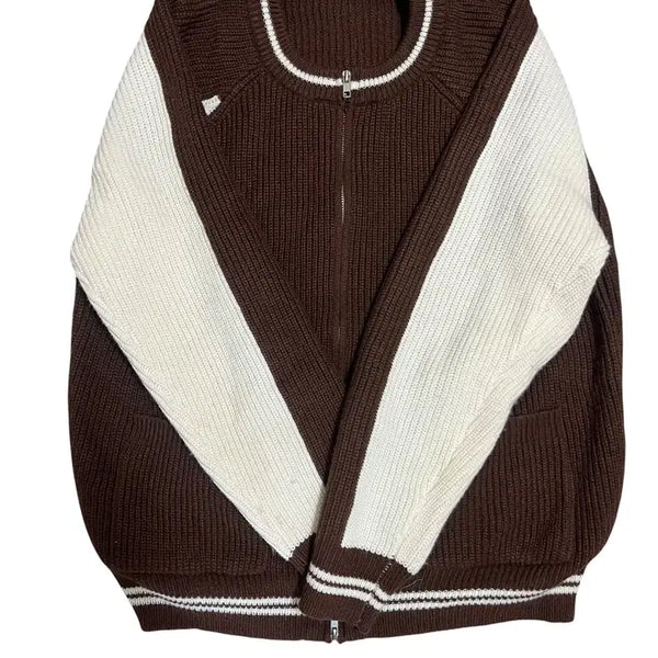 [BUNJANG] Brown Color Block Knit Zip-Up Cardigan / 니트집업
