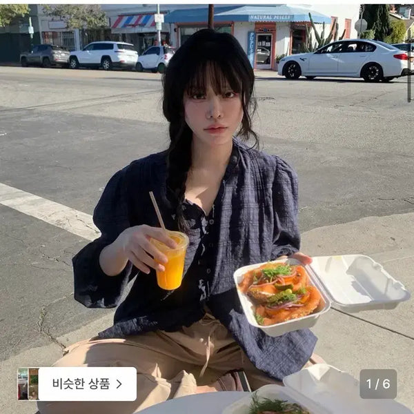[BUNJANG] Without Summer Ruffle Shirring Blouse (Check) / 위드아웃썸머 ruffle shirring blouse_check