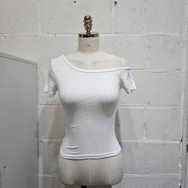 [BUNJANG] One Shoulder Off-Shoulder Crop Short Sleeve T-Shirt - White / 한쪽어깨 오프숄더 크롭 반팔- 화이트