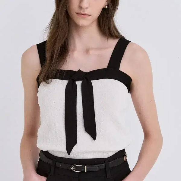 [BUNJANG] OBZEE White Knit Top with Ribbon Detail / 오브제 (한섬)리본 포인트 화이트 니트 탑