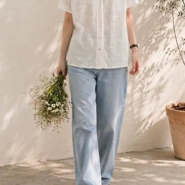 [BUNJANG] White Punching Lace Short Sleeve Blouse / 펀칭 레이스 반팔 블라우스 화이트