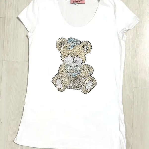 [BUNJANG] Cubic Teddy Bear Short Sleeve Top / 큐빅 테디베어 로걀 딱붙 반팔 탑