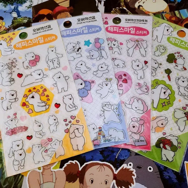 [BUNJANG] Over Action Rabbit Bear Happy Smile Sticker Set (4 Types) / 오버액션 토끼 곰 해피스마일 스티커 4종세트 일괄