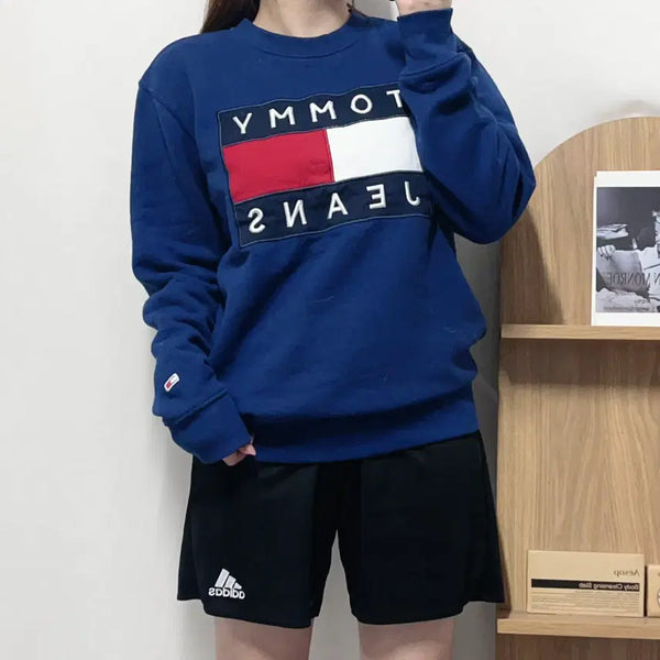 [BUNJANG] Tommy Hilfiger Navy Big Patch Logo Fleece Sweatshirt [M] / 타미 네이비 빅패치로고 기모 맨투맨 [ M ]