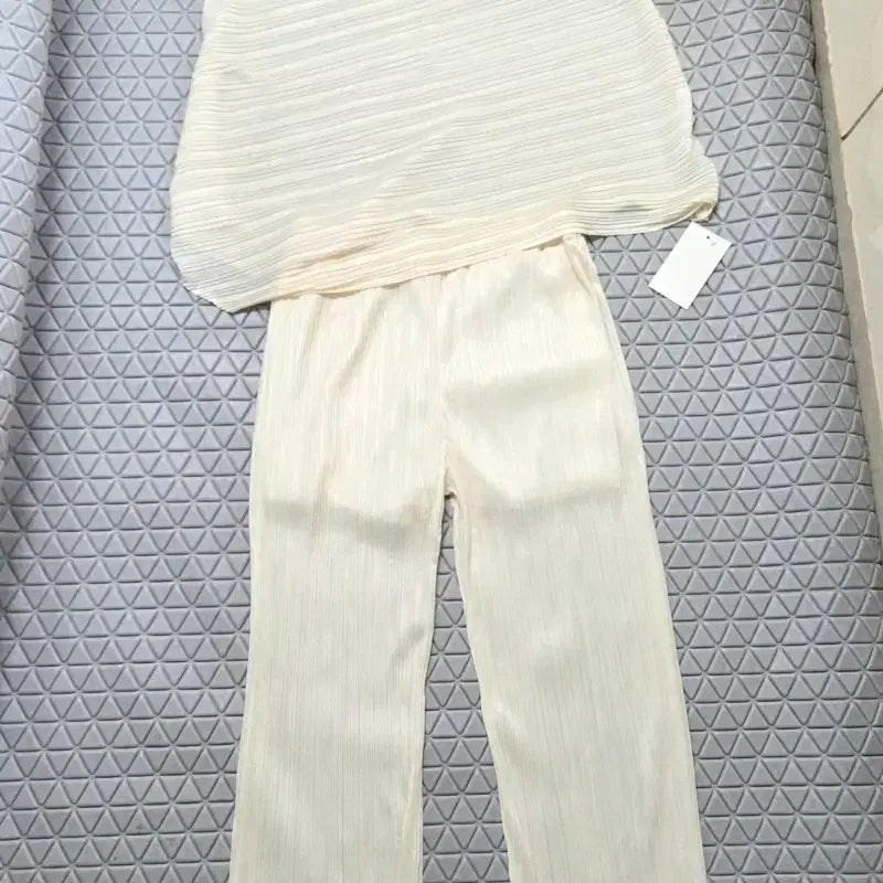 [BUNJANG] Women's Pleated Top & Pants Set (55-66 Size) / 새상품 55~66 여성 플리츠 상하의세트 블라우스 바지 밴딩 바지 새제품