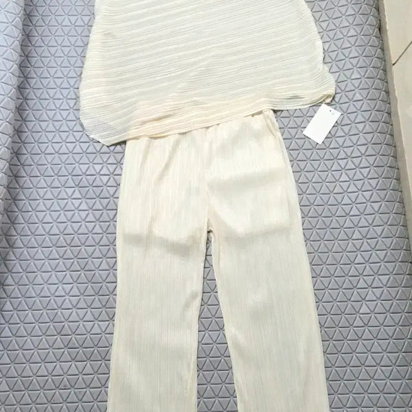 [BUNJANG] Women's Pleated Top & Pants Set (55-66 Size) / 새상품 55~66 여성 플리츠 상하의세트 블라우스 바지 밴딩 바지 새제품