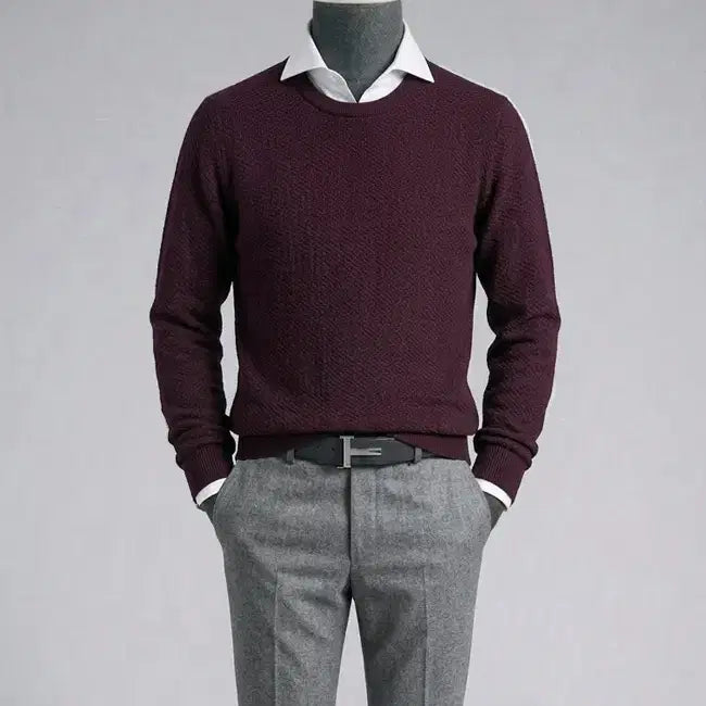 [BUNJANG] Ziozia And Z Herringbone Knit Sweater - Burgundy / 지오지아 And Z/빗살무늬 헤링본 봄가을 버건디와인 스웨터 니트/100