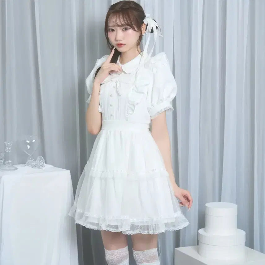 [BUNJANG] Honey Cinnamon Polka Dot Tulle Ribbon Short Sleeve Dress / 허니시나몬 도트 튤 리본 반팔 원피스