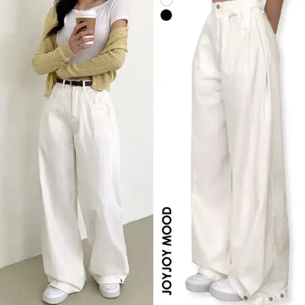 [BUNJANG] Black/White Side Pintuck Snap Button Wide Pants / 블랙,화이트사이드 핀턱 비조 밑단 포인트 똑딱이 스냅 버튼 팬츠