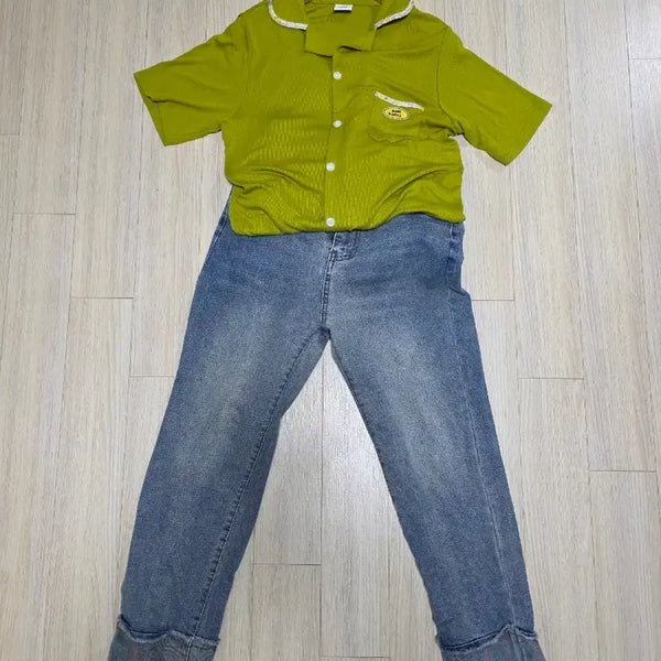[BUNJANG] Short Sleeve Polo Shirt & Denim Pants Set / 반팔 카라 셔츠 + 데님 팬츠 세트