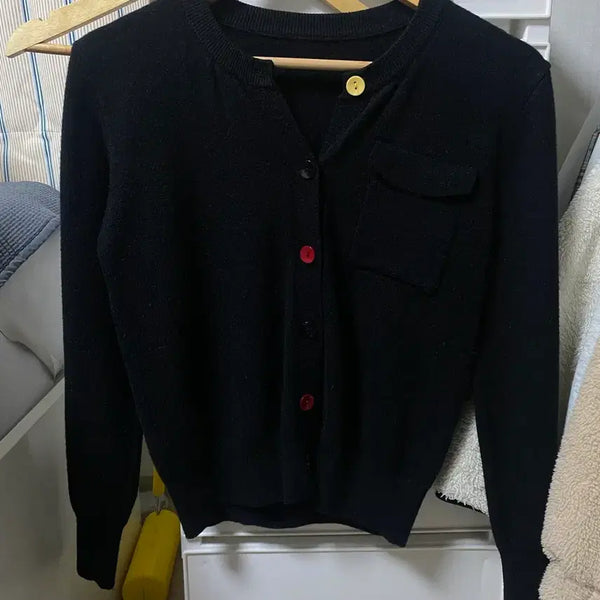 [BUNJANG] Black Beige Round Pocket Cardigan / 블랙 베이지 라운드 포켓가디건