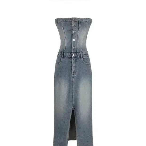 [BUNJANG] Black Up Greeting Denim Top Long Dress / 블랙업 그리팅 데님탑 롱원피스