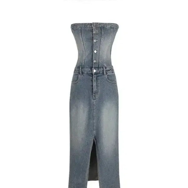 [BUNJANG] Black Up Greeting Denim Top Long Dress / 블랙업 그리팅 데님탑 롱원피스
