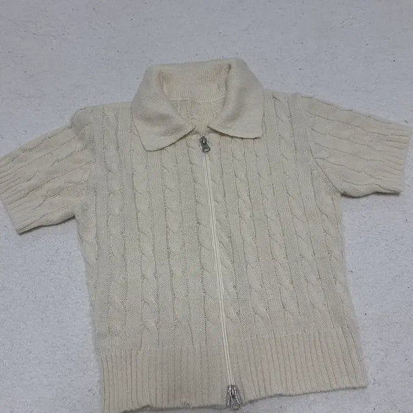 [BUNJANG] Twist Knit Short Sleeve Zip-Up / 꽈배기 반팔 니트 집업