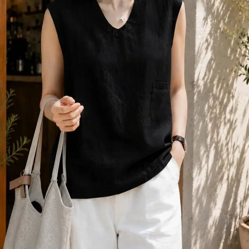 [BUNJANG] Linen Black V-Neck Sleeveless Blouse / 린넨 블랙 V넥 민소매 블라우스