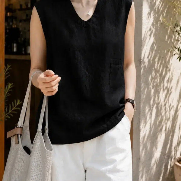[BUNJANG] Linen Black V-Neck Sleeveless Blouse / 린넨 블랙 V넥 민소매 블라우스