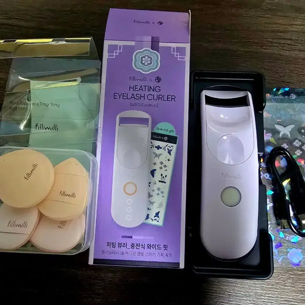 [BUNJANG] Fillimilli Heating Eyelash Curler Wide & 4 Tapping Mini Puffs with Case Set / 필리밀리 히팅뷰러 와이드, 탭핑 통통 미니 퍼프4개&케이스 일괄